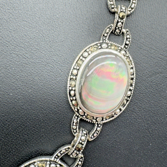 Abalone Shell Necklace Silver Tone Marcasite Halo Oval Link 18" - Picture 2 of 9